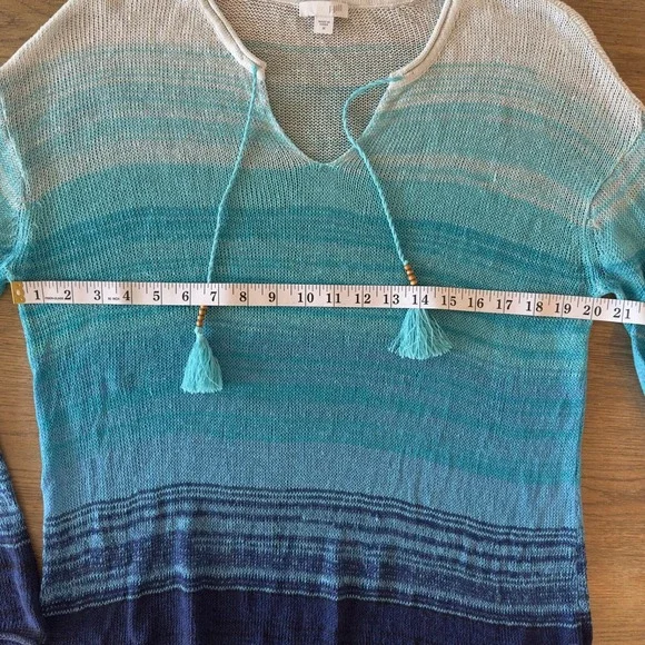 J.JILL 100% Linen‎ Open Knit Blue/Aqua Ombre Tunic-V-neck Tassels-Size M - Picture 6 of 16